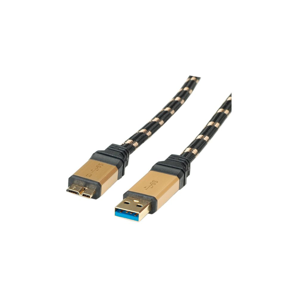 Ein USB-Kabel mit goldenen Steckern und schwarz-goldenem Stoffgeflecht auf weißem Hintergrund.