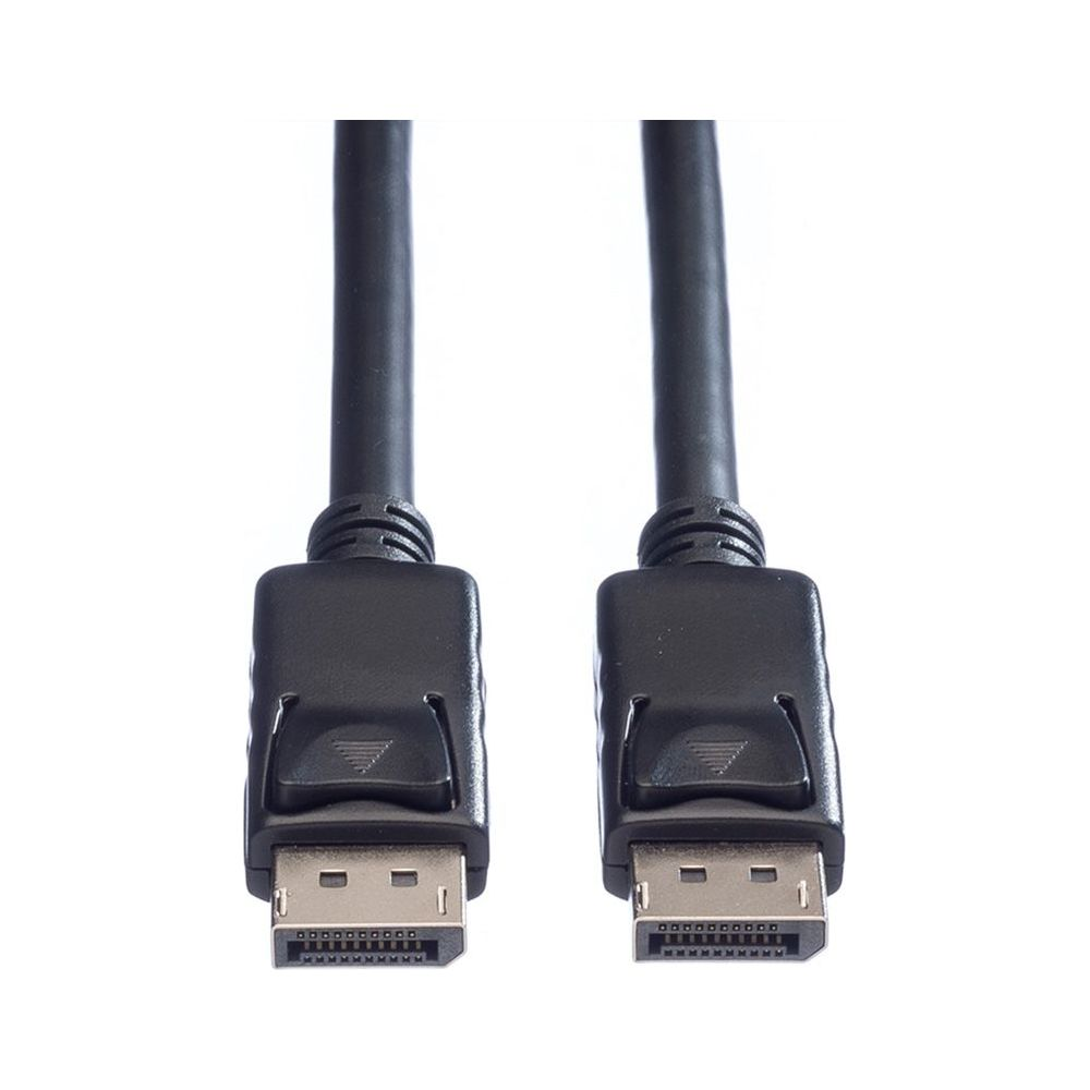 Zwei schwarze DisplayPort-Kabelenden mit silbernen Anschlüssen und Verriegelungsknopft vor weißem Hintergrund.