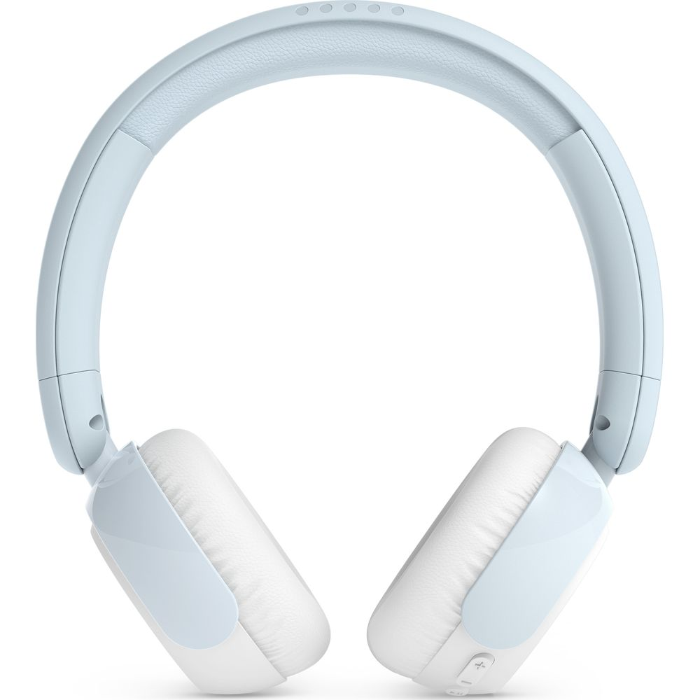 Casque supra-auriculaire bleu clair avec coussinets blancs, isolé sur fond blanc.