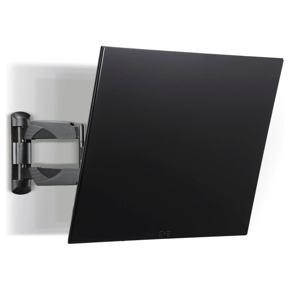 Un televisor de pantalla plana negro está montado en una pared blanca con un soporte ajustable.