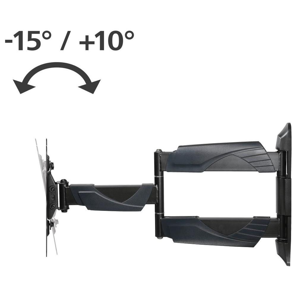 Soporte de pared negro para TV con función de inclinación de -15 a +10 grados.