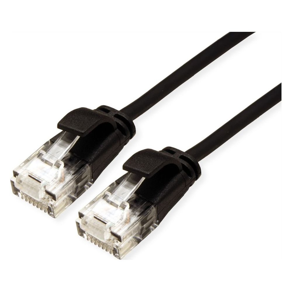Zwei schwarze Ethernet-Kabel mit transparenten RJ45-Steckern und Knickschutz auf weißem Hintergrund.