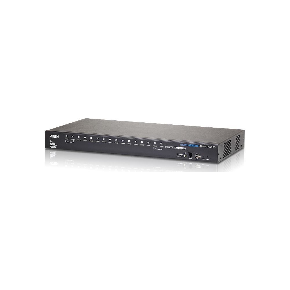 Un conmutador KVM ATEN negro con múltiples puertos e indicadores LED en una superficie blanca reflectante.