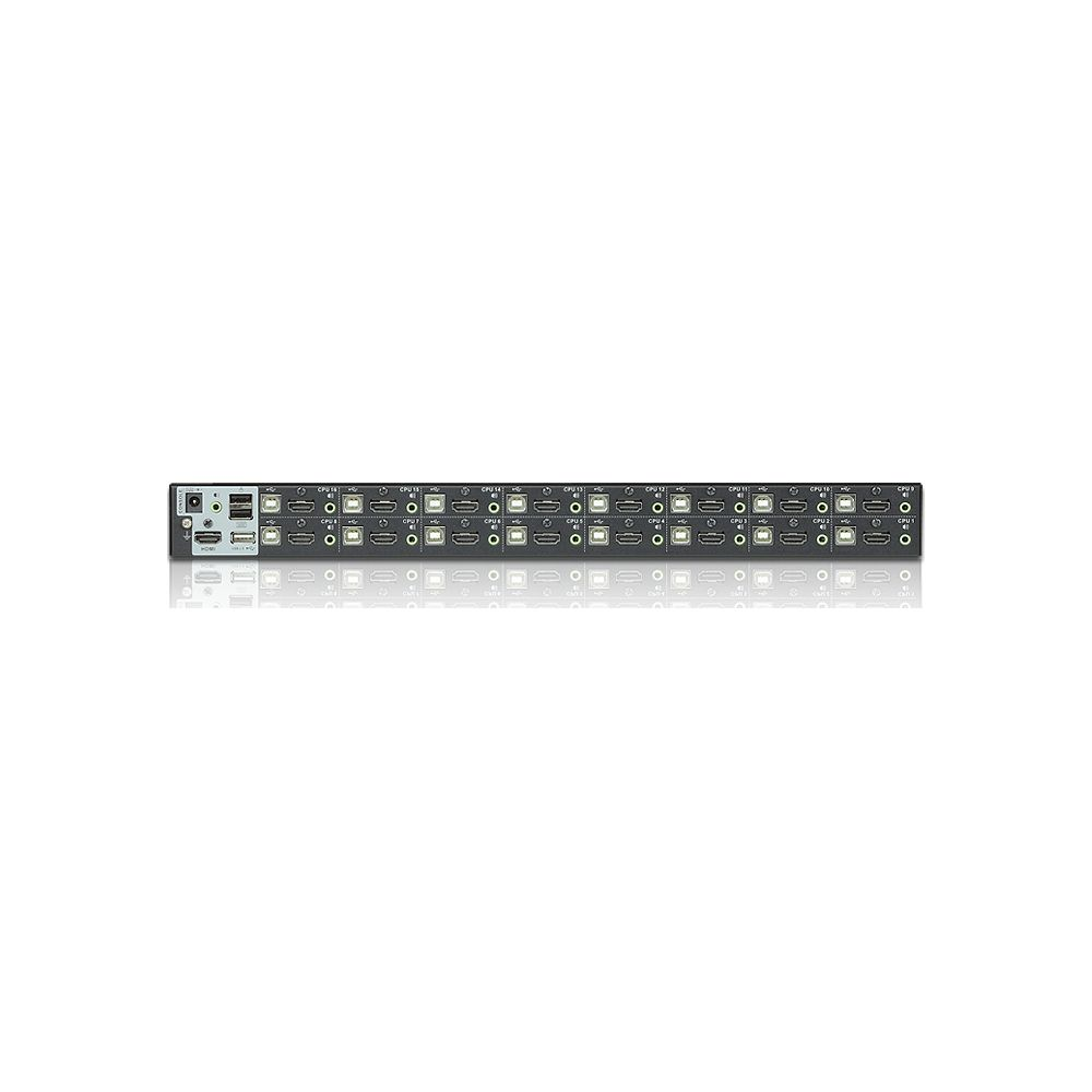 Vista trasera de un conmutador KVM negro de 16 puertos que muestra numerosos puertos HDMI y USB sobre fondo blanco.