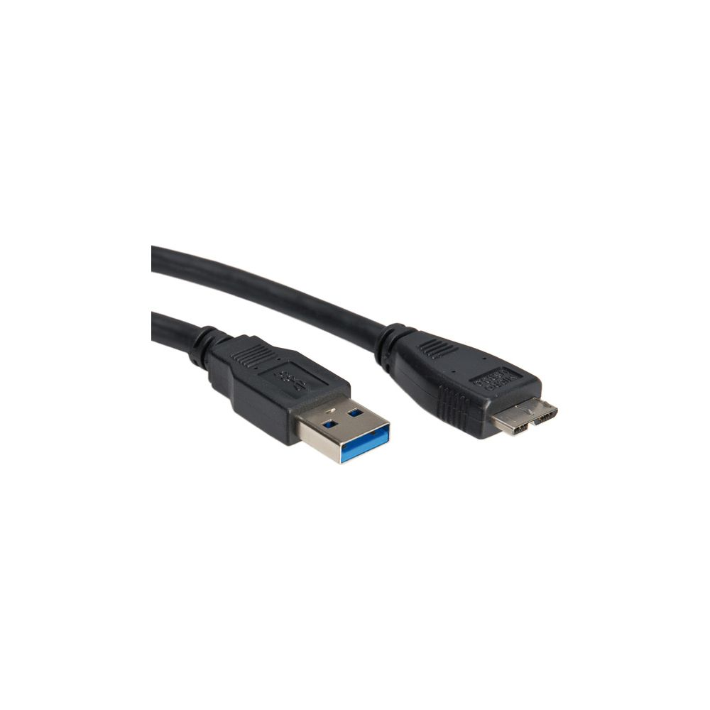 Un cable USB 3.0 negro con un conector USB-A estándar y un micro-USB-B sobre un fondo blanco.