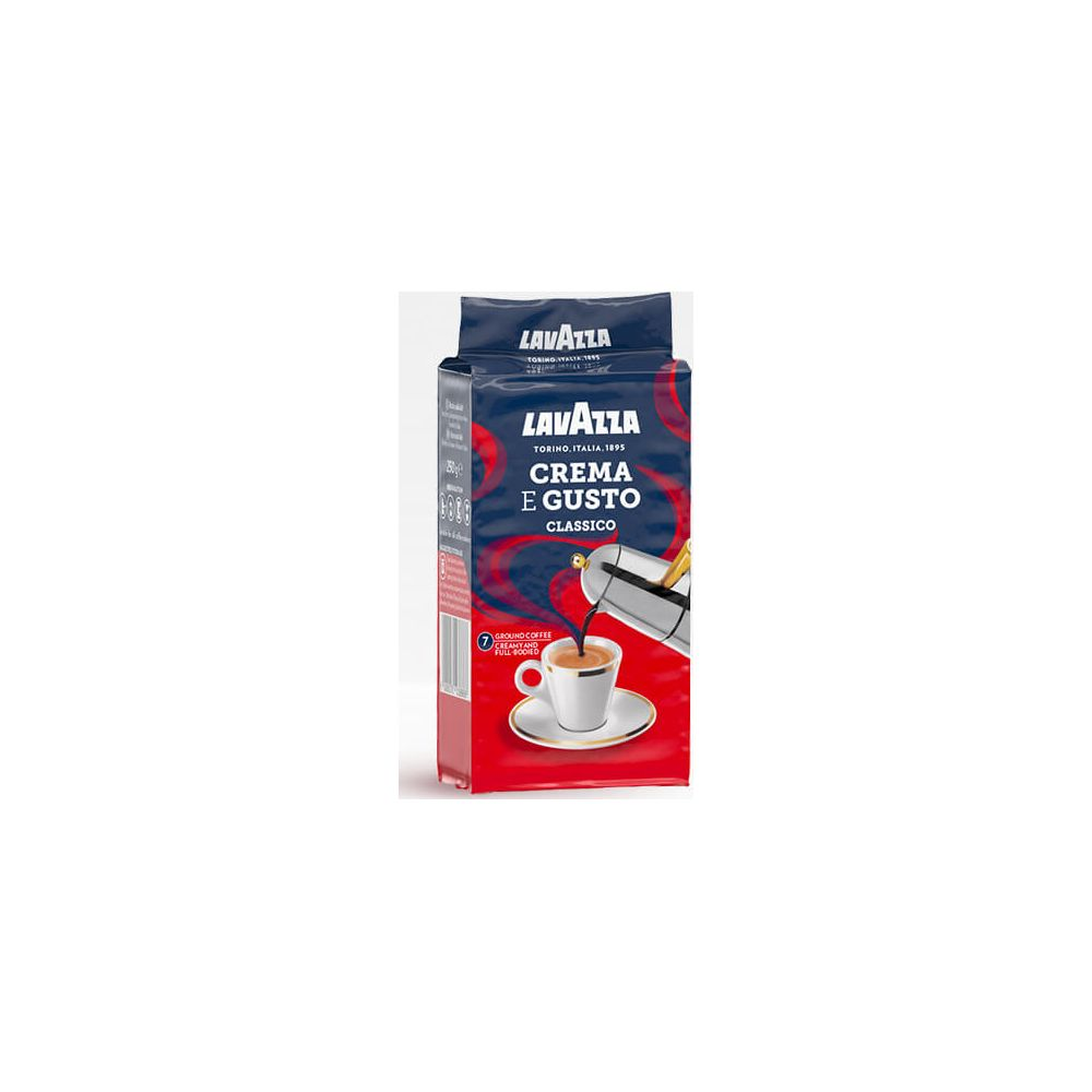 Confezione di caffè Lavazza Crema e Gusto blu e rossa con tazzina e caffettiera.