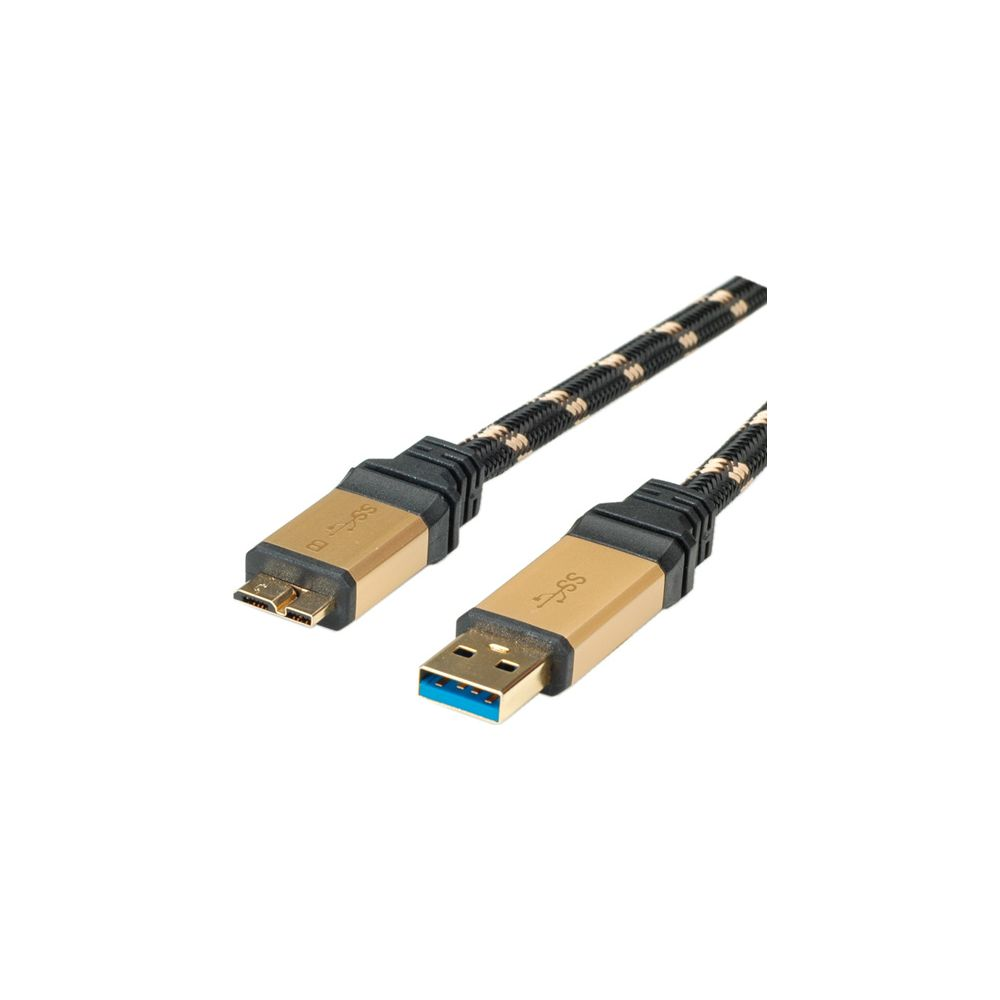Ein USB-3.0-Kabel mit goldenen Steckern und schwarz-beige geflochtenem Mantel auf weißem Hintergrund.