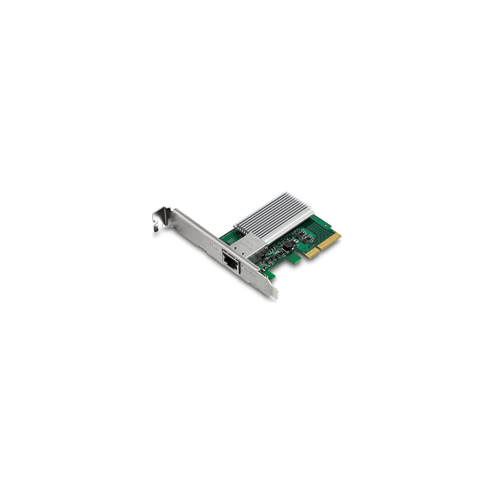 Eine grüne PCIe-Netzwerkkarte mit silbernem Kühlkörper und Metallhalterung vor weißem Hintergrund.