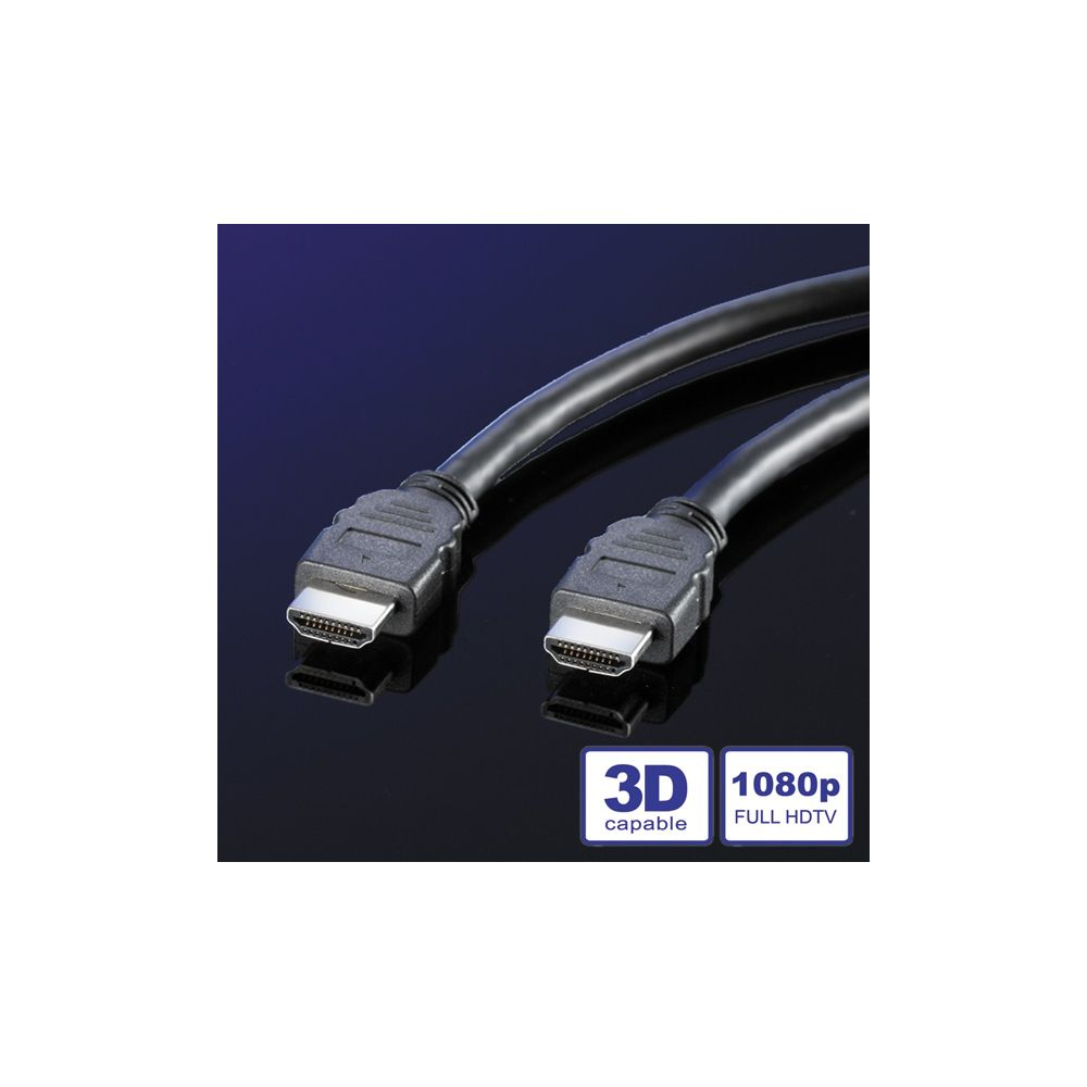 Zwei schwarze HDMI-Kabel mit Steckern auf glänzender blauer und schwarzer Oberfläche, mit 3D- und 1080p-Symbolen.