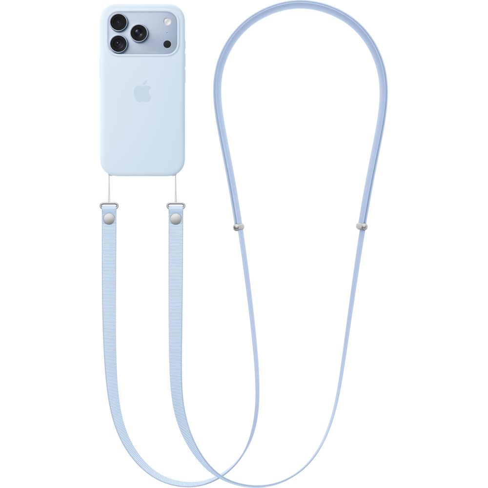 Funda para iPhone azul claro con correa larga a juego sobre fondo blanco.