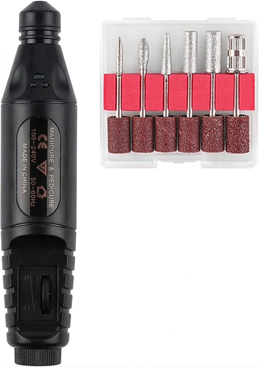Dispositivo eléctrico negro para manicura y pedicura junto a una caja transparente con seis brocas diferentes.