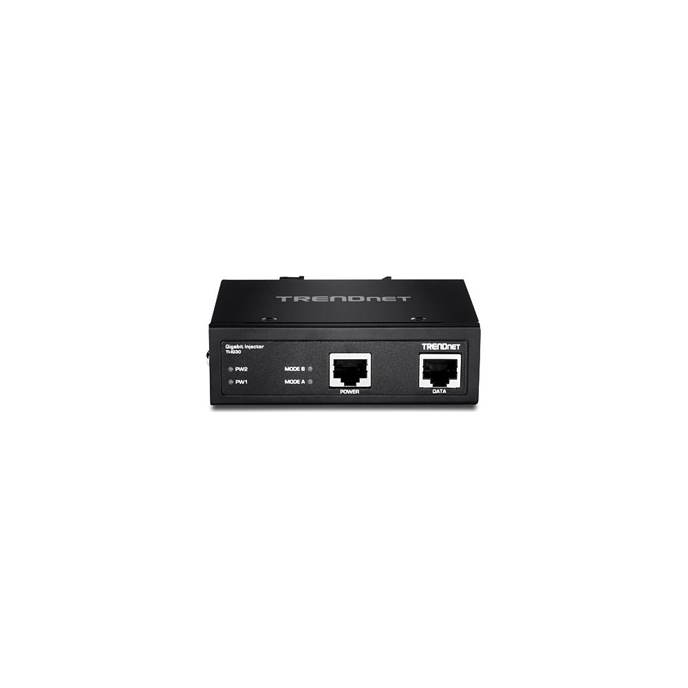Ein schwarzer Trendnet Gigabit Injektor mit zwei RJ45-Anschlüssen und LED-Statusanzeigen auf weißem Hintergrund.