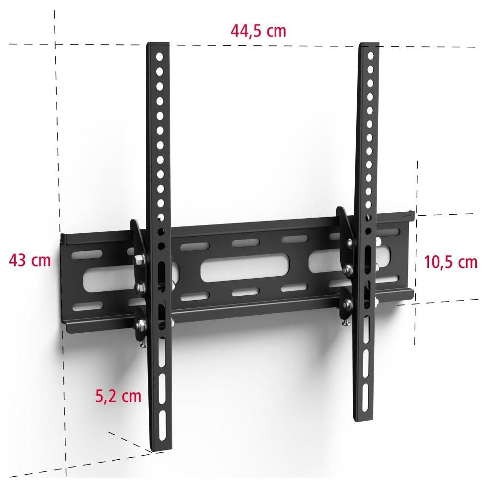 Soporte de pared negro para TV con medidas en centímetros sobre fondo blanco.