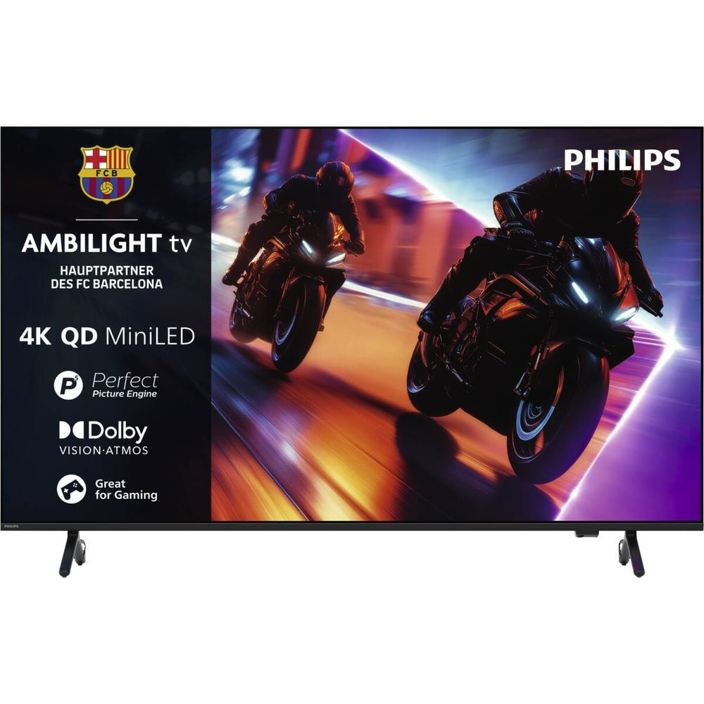 TV Philips Ambilight con due motociclisti che corrono su una pista.