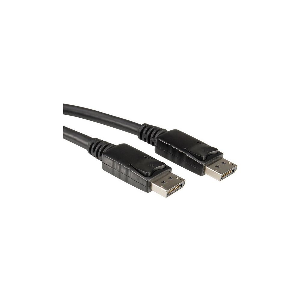 Zwei schwarze DisplayPort-Kabel mit Steckern vor weißem Hintergrund.