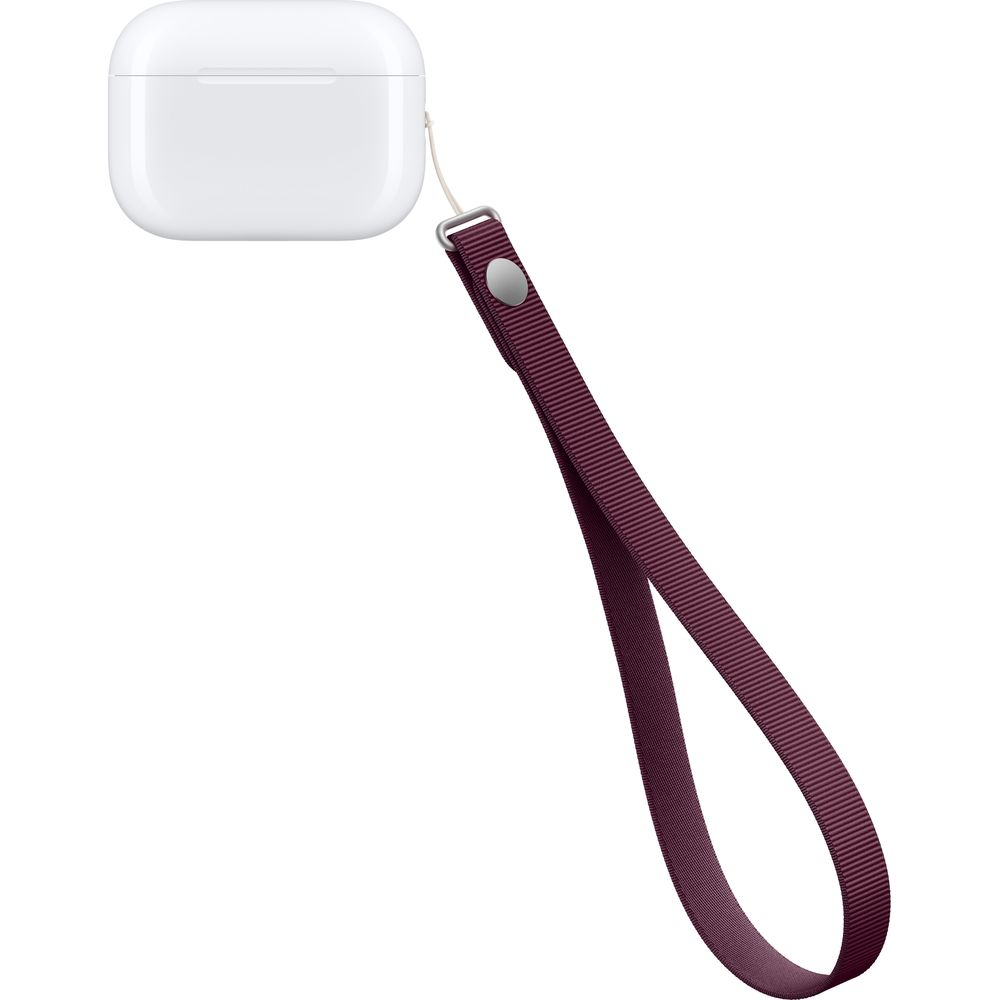 Custodia bianca per auricolari wireless con cordino in tessuto rosso scuro su sfondo bianco.