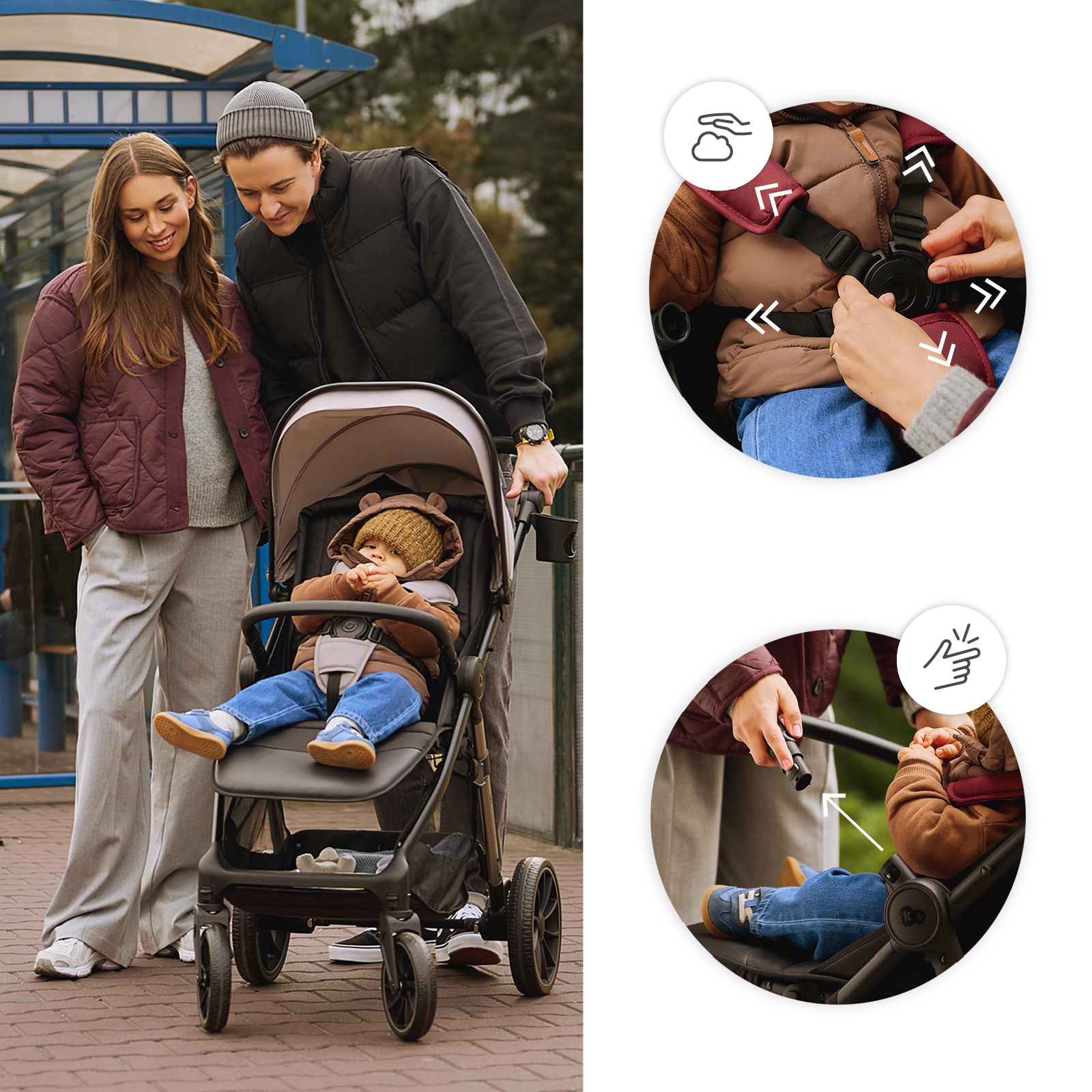Padres sonriendo al bebé en un carrito, con detalles del arnés de seguridad.