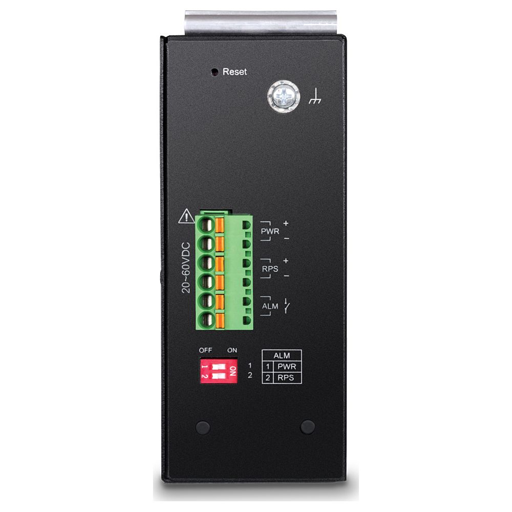 Ein schwarzes elektrisches Gerät mit grüner Klemmenleiste, rotem Dip-Schalter, Reset-Taste und Erdsymbol.