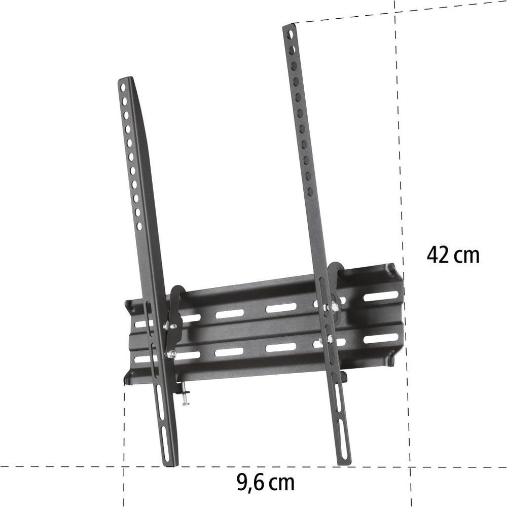 Soporte de pared para TV negro con dimensiones de 42 cm de alto y 9,6 cm de ancho.