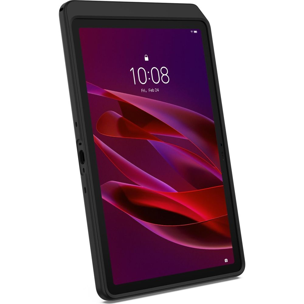 Un tablet nero con sfondo astratto rosso che mostra l'ora 10:08, isolato.