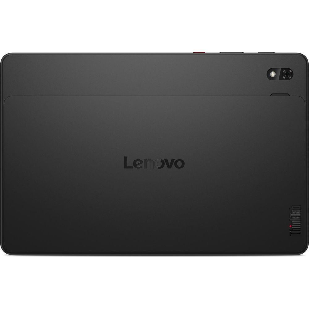 Retro di un tablet Lenovo nero con fotocamera in alto a destra e logo al centro.