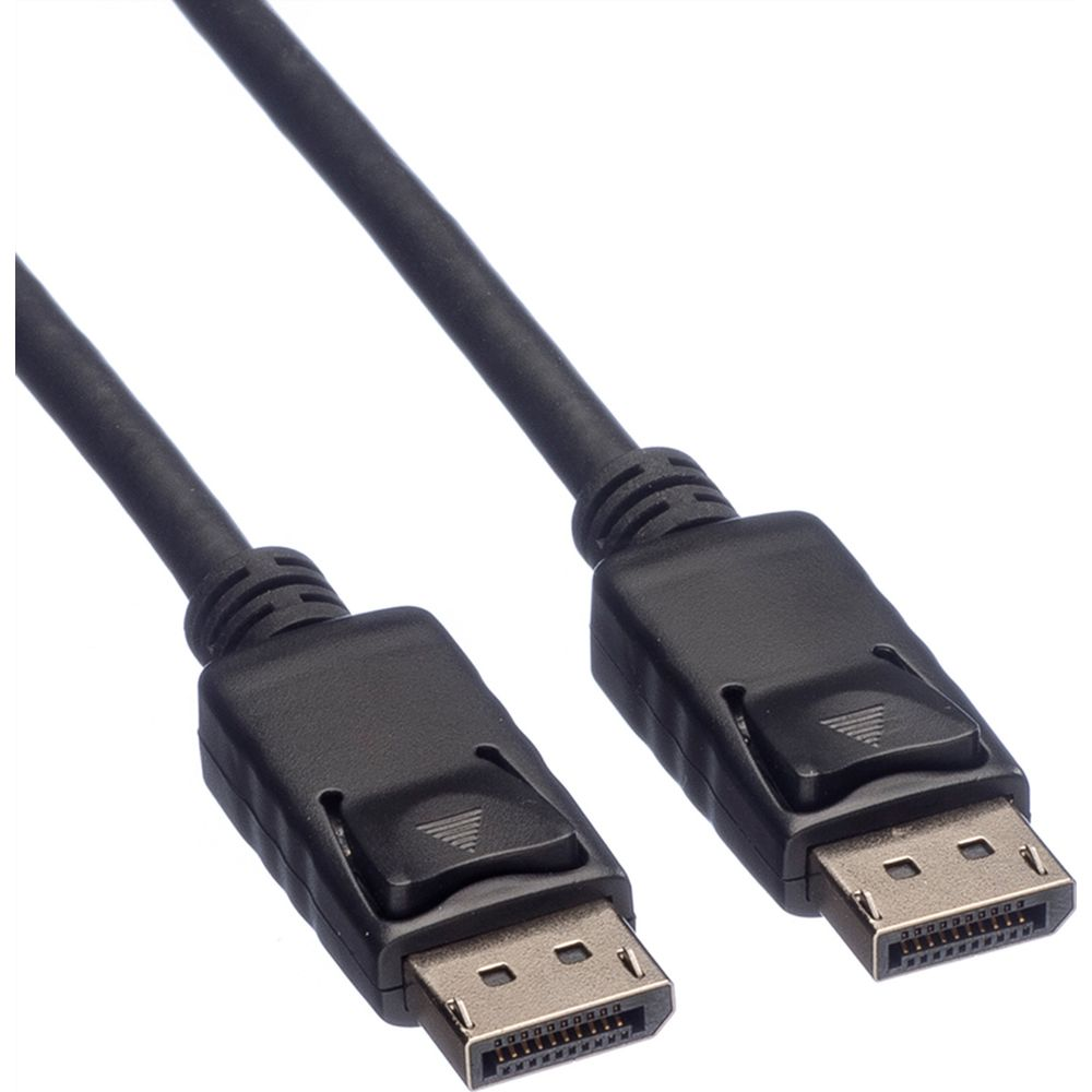 Zwei schwarze DisplayPort-Kabel mit Steckern auf einem weißen Hintergrund.