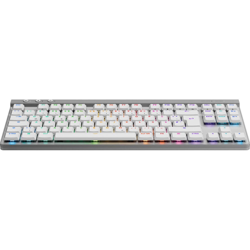 Eine weiße mechanische Tastatur mit silberner Basis und mehrfarbiger RGB-Hintergrundbeleuchtung.