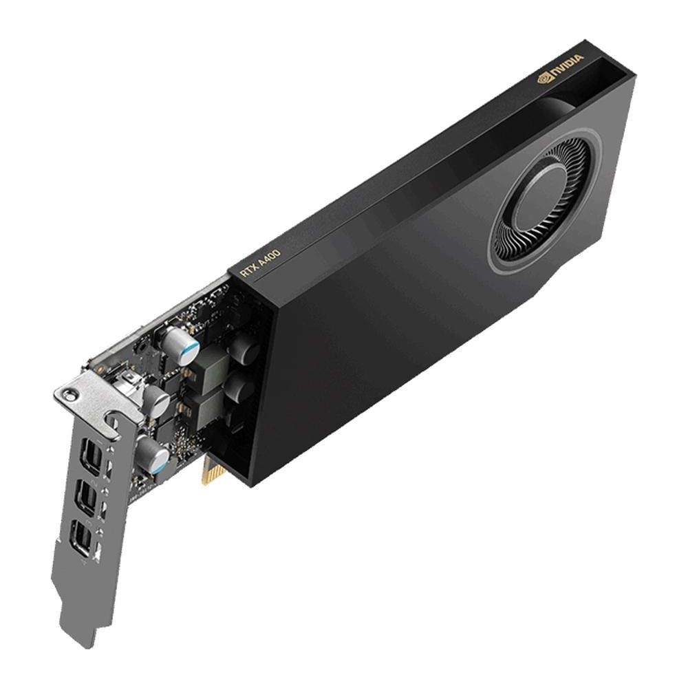 Tarjeta gráfica Nvidia RTX A400 en negro con un ventilador y puertos.