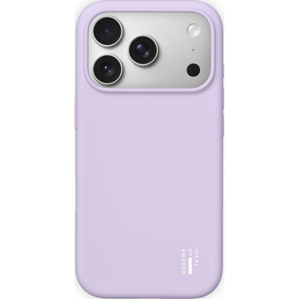 Una custodia per smartphone viola pastello con modulo fotocamera argento e tre lenti.