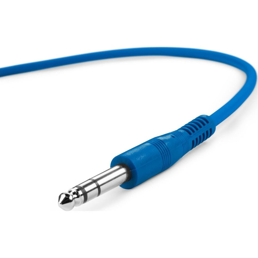 Ein blaues Audiokabel mit einem 6,35-mm-Klinkenstecker vor weißem Hintergrund.