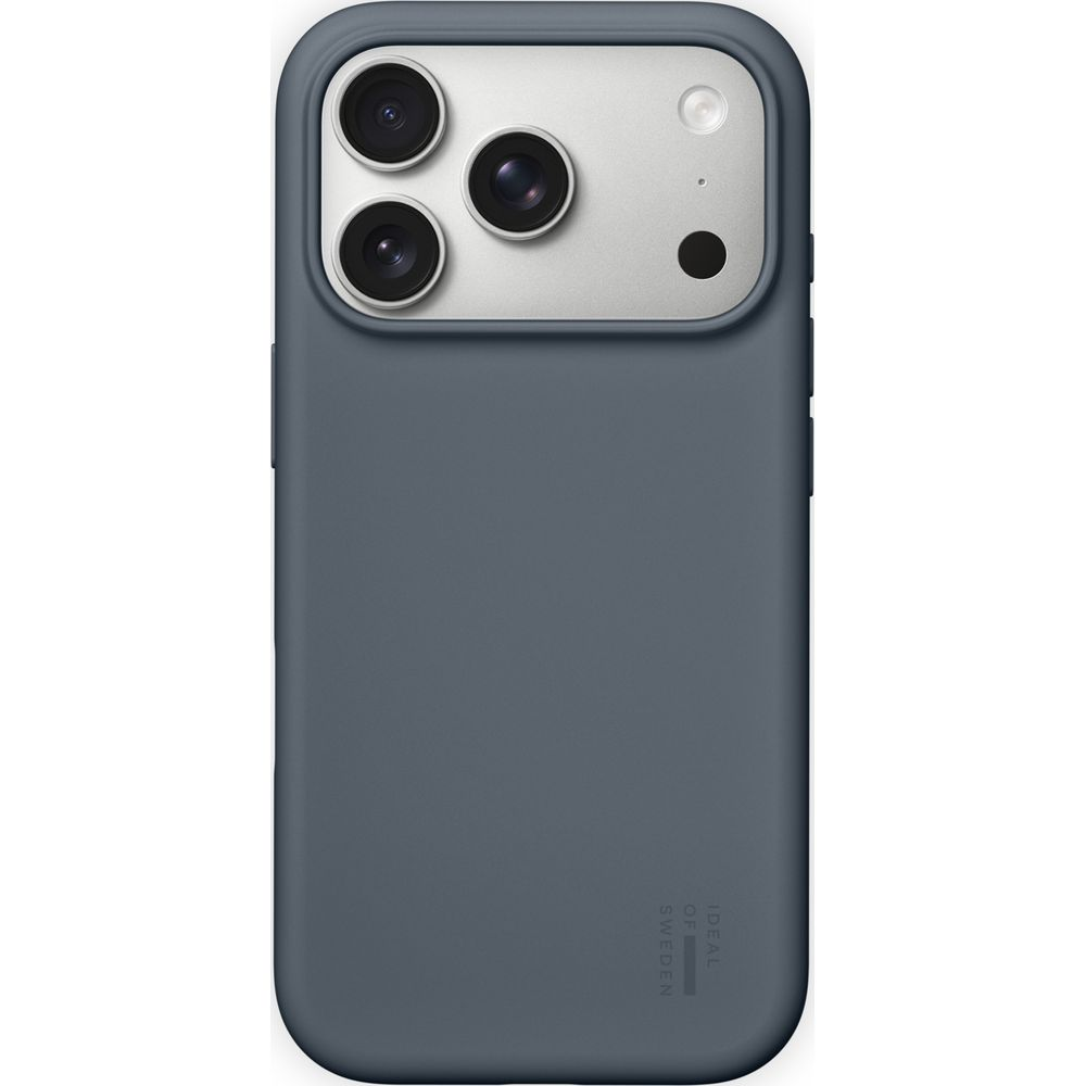 Custodia per smartphone grigio scuro con ritaglio fotocamera argento e tre lenti.
