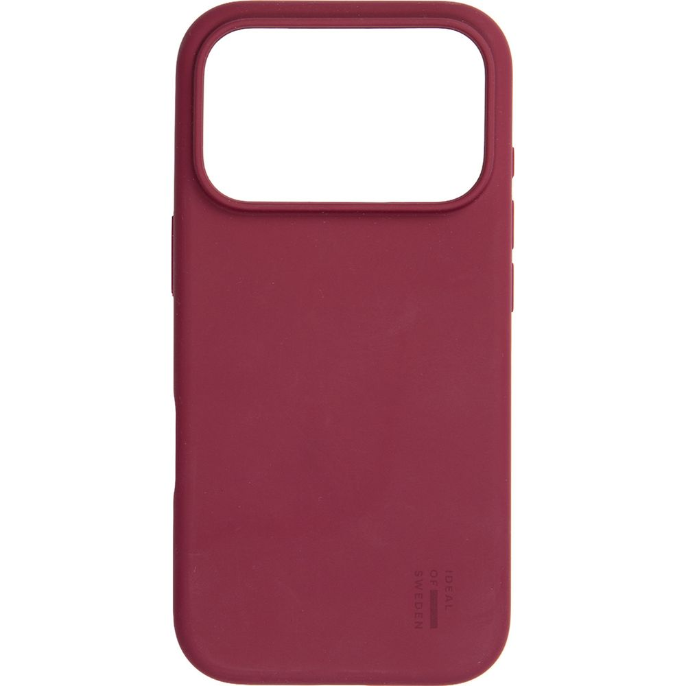 Una custodia per smartphone in silicone rosso scuro con apertura rettangolare per fotocamera e piccolo logo.