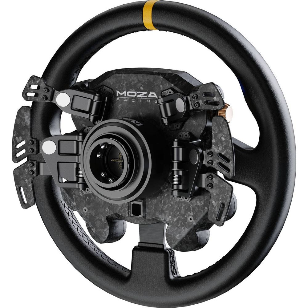 Volant noir Moza Racing avec palettes en carbone et repère jaune.