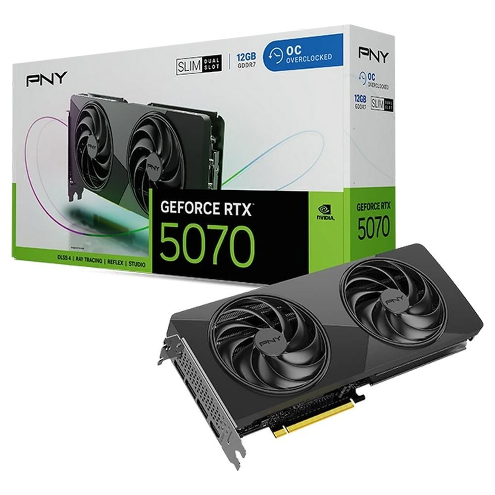 Scheda video PNY GeForce RTX 5070 con doppia ventola e scatola.