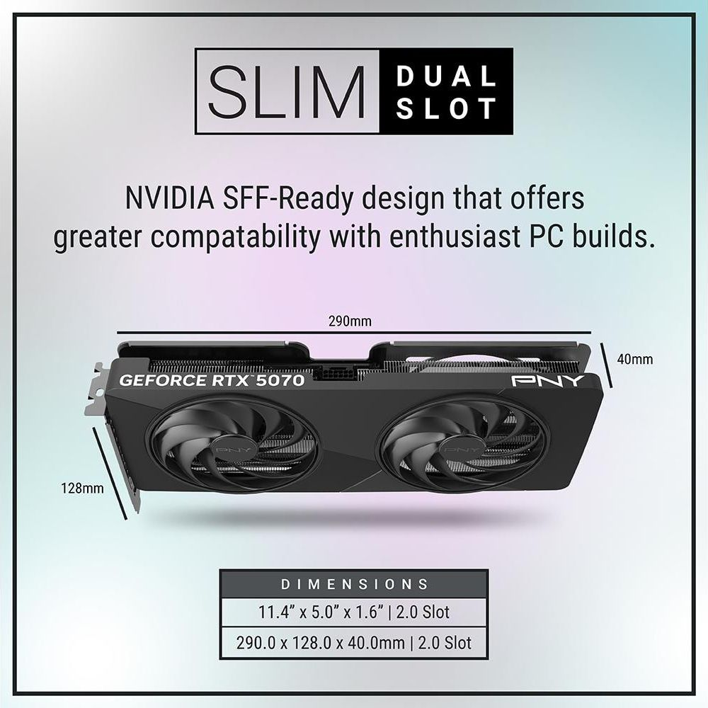 Una scheda grafica PNY GeForce RTX 5070 nera con due ventole e dimensioni su sfondo sfumato.