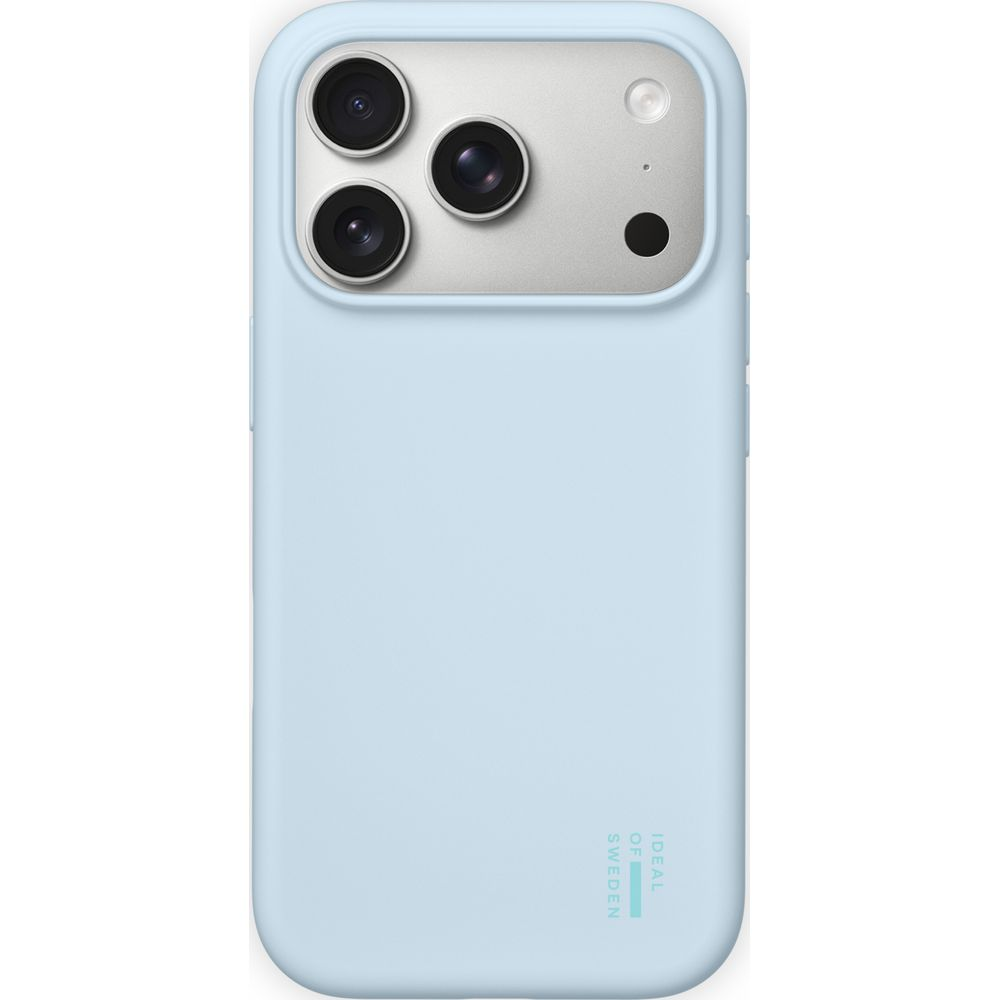 Custodia per smartphone azzurro chiaro con modulo fotocamera argento sul retro, tre lenti e un logo in basso.