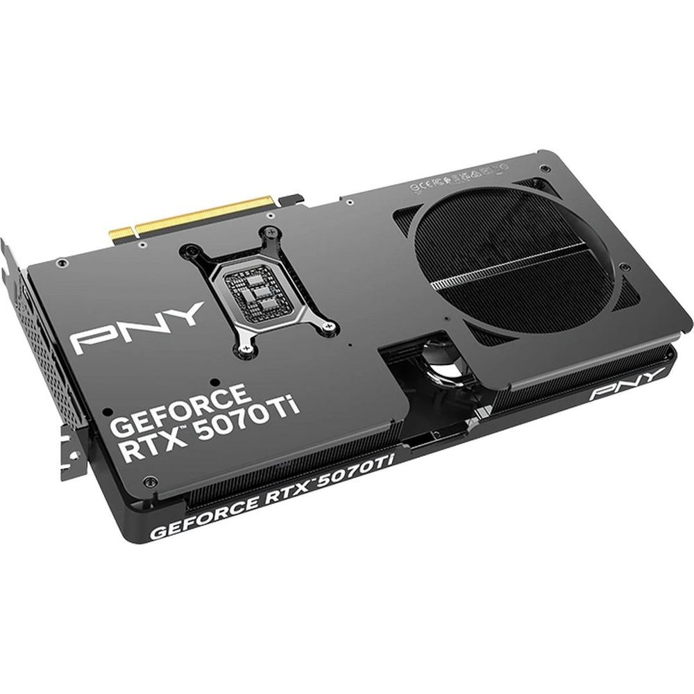 Eine schwarze PNY GeForce RTX 5070 Ti Grafikkarten-Backplate mit weißer Aufschrift und rundem Lüfterausschnitt.