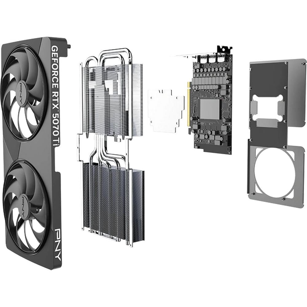 Explosionsansicht einer PNY GeForce RTX 5070 Ti Grafikkarte mit Doppellüftern, Kühlkörper und Leiterplatte.