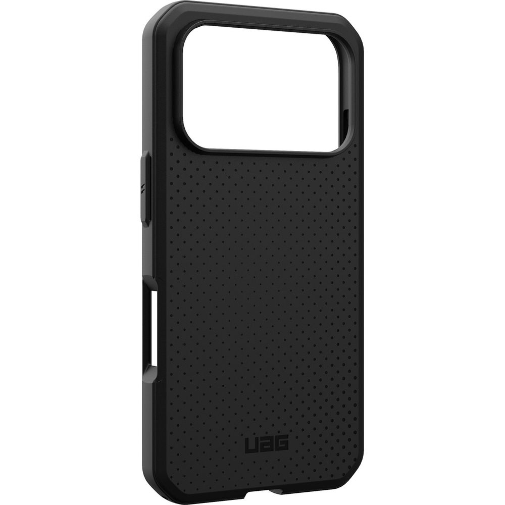 Schwarze, robuste Smartphone-Hülle mit einem gepunkteten Muster auf der Rückseite und dem UAG-Logo am unteren Rand.