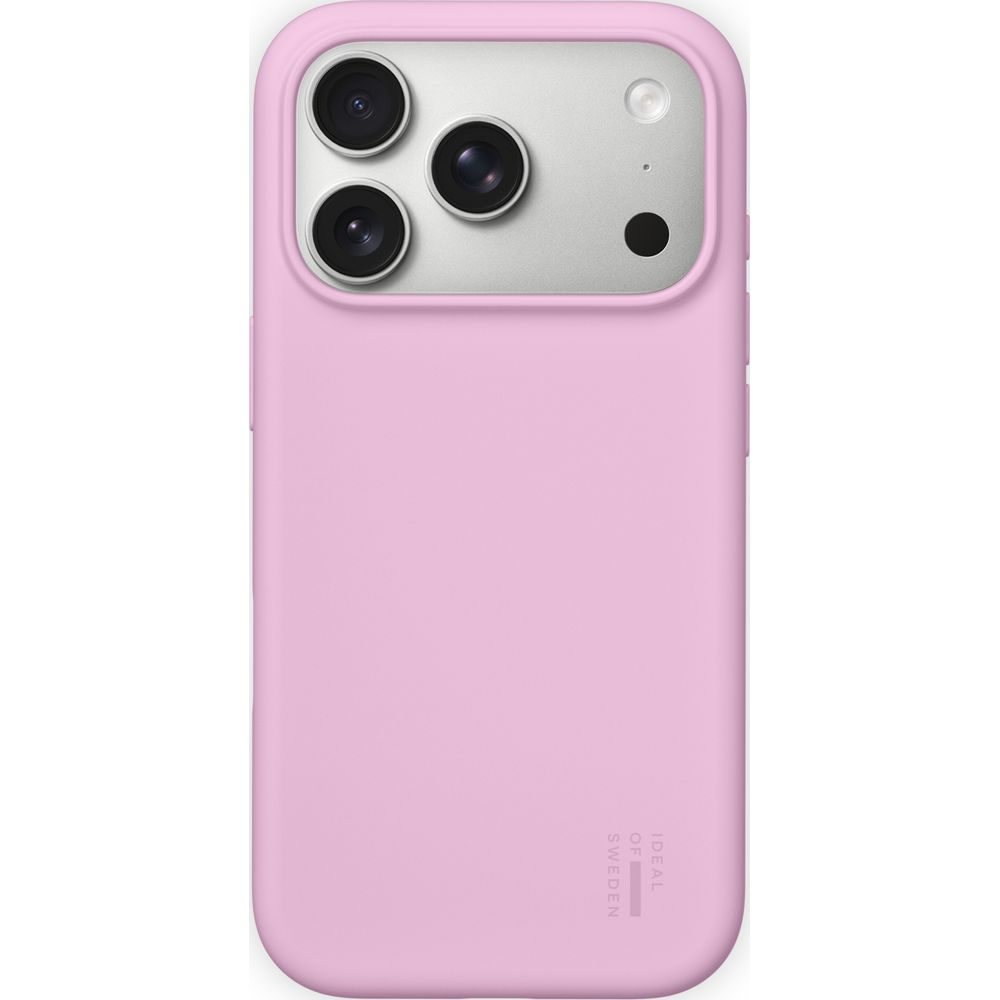Una custodia per telefono rosa pastello con isola fotocamera argento e tre lenti.