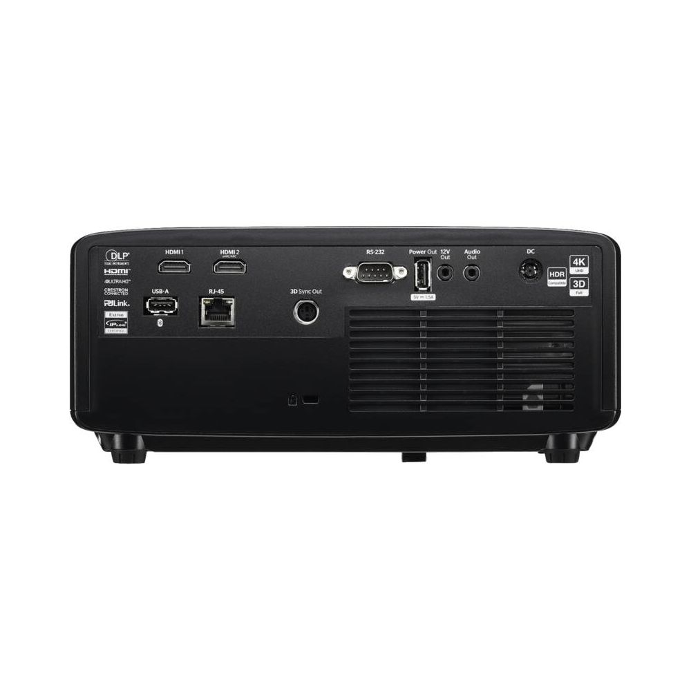 Pannello posteriore di un proiettore nero con porte HDMI, USB, RS-232, audio e griglia di ventilazione.