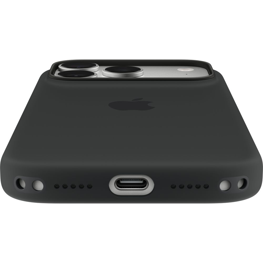 Back of a black iPhone with case, camera, and charging port on a white background.