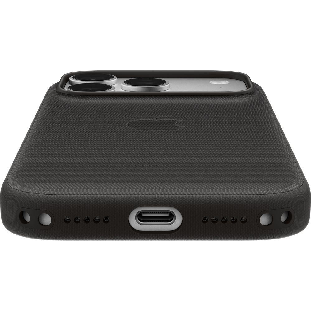 Vista inferior de un iPhone con funda negra, mostrando el puerto USB-C, altavoces y cámaras.