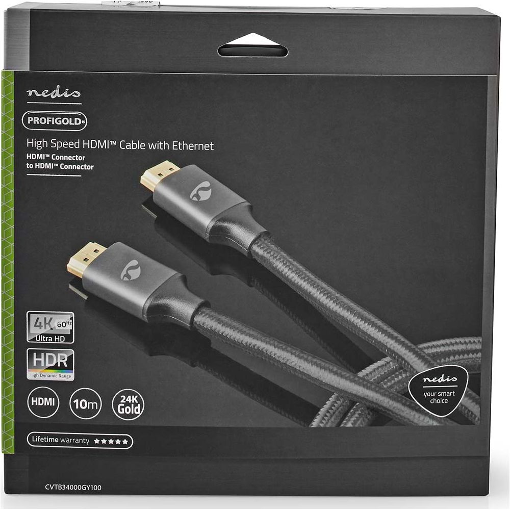 Schwarze Produktverpackung für ein hochgeschwindigkeits HDMI-Kabel mit Ethernet, 10m Länge und vergoldeten Anschlüssen.