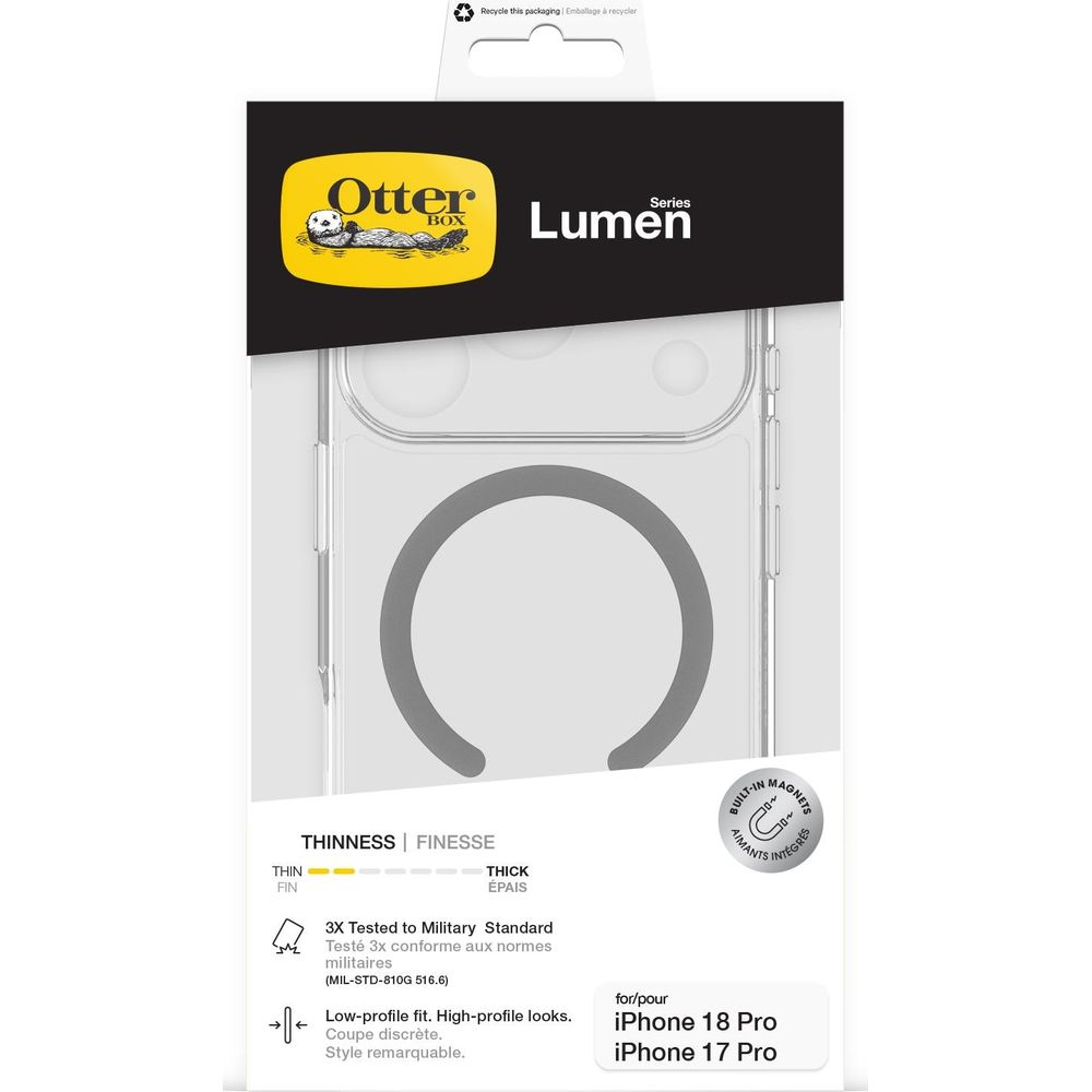 Packaging for a clear OtterBox Lumen Series phone case for iPhone 18 Pro and 17 Pro with a magnetic ring.
