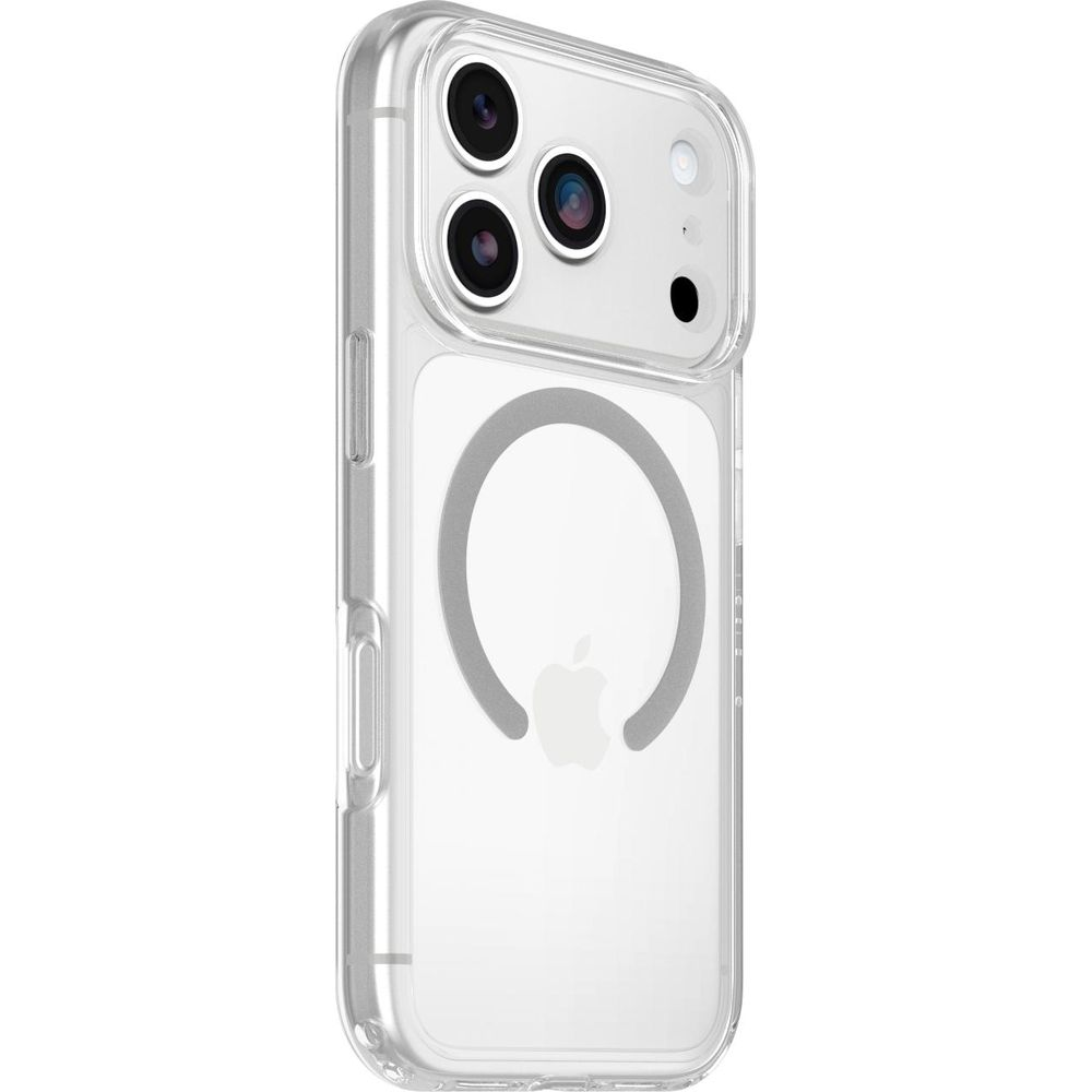 Clear transparent phone case on an iPhone, showing the back cameras and MagSafe magnetic ring.