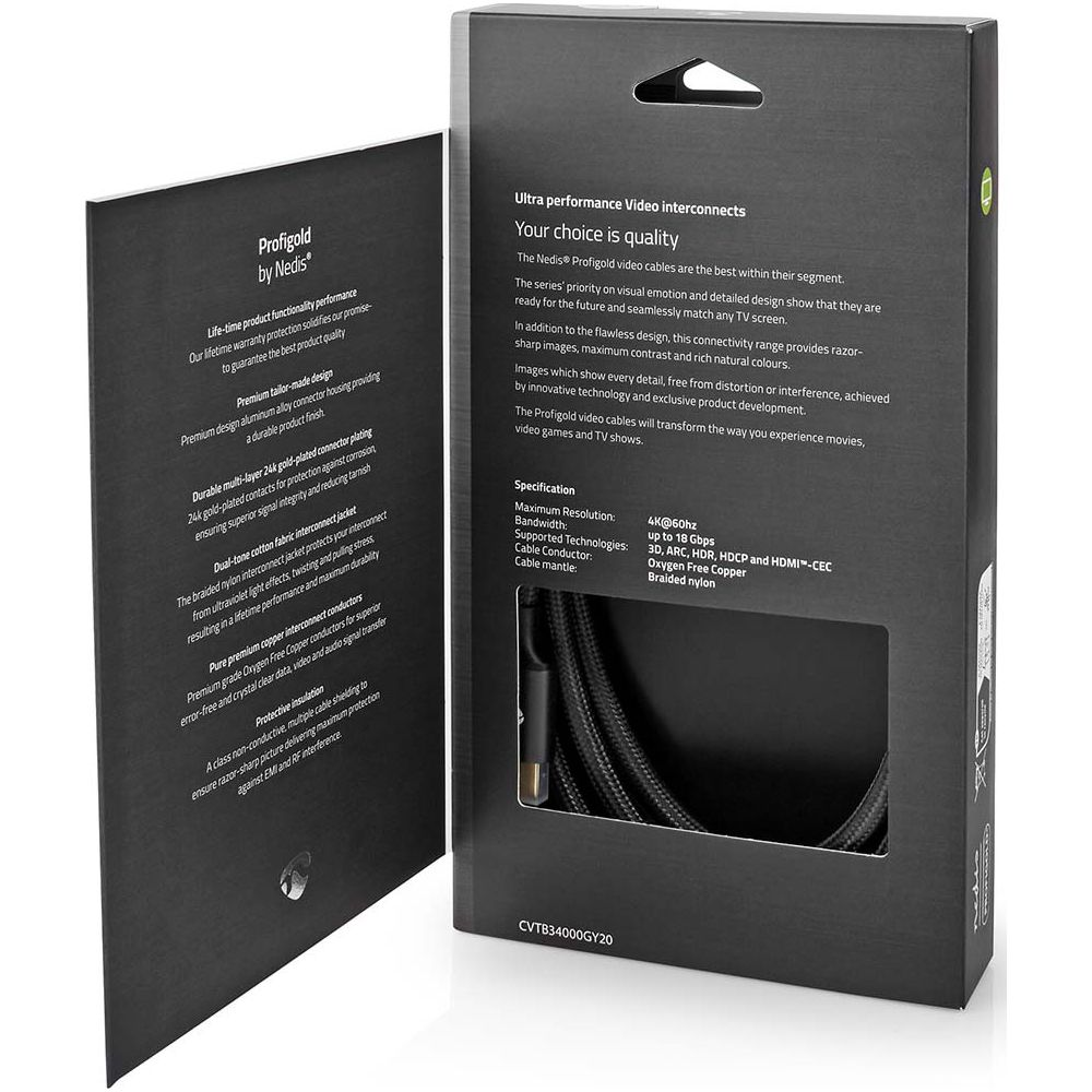 Schwarze Produktverpackung eines Profigold-Videokabels mit Beschreibungen, Spezifikationen und Kabelansicht.