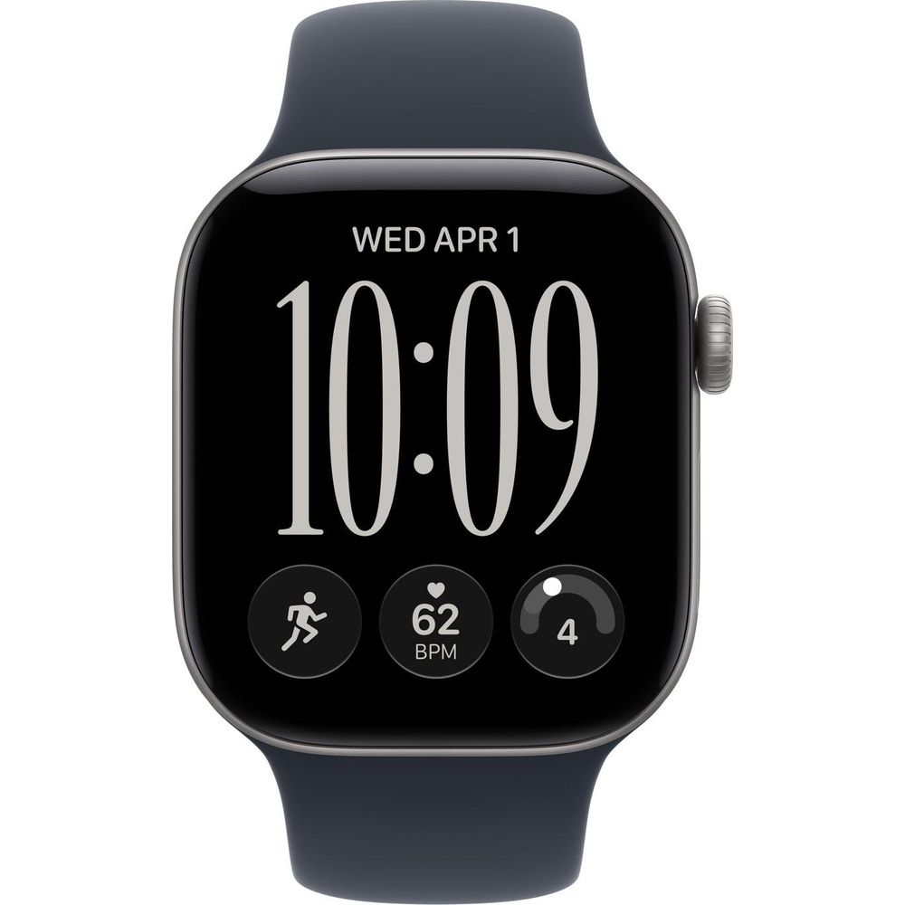 Uno smartwatch nero con cinturino blu scuro mostra la data e le 10:09.