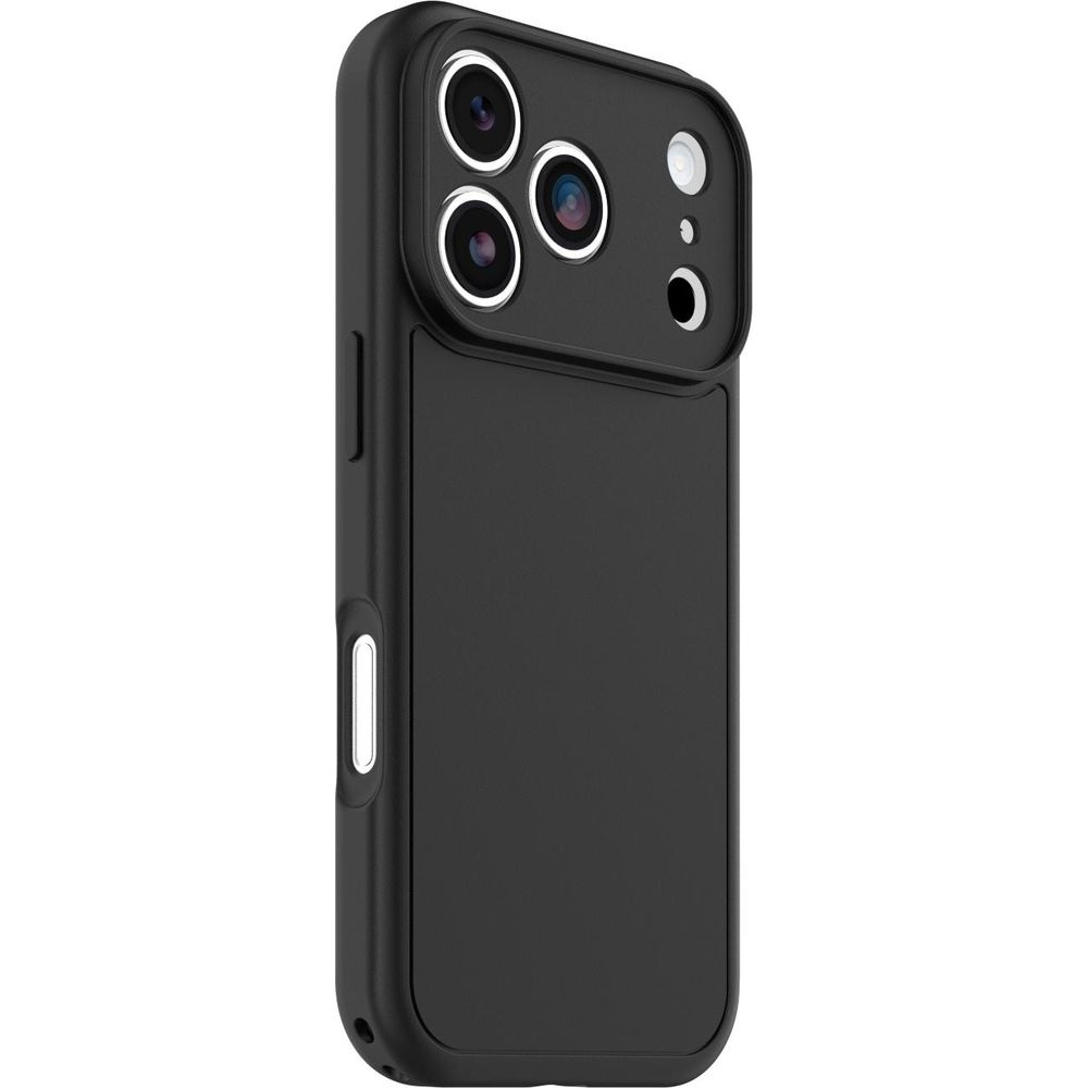 A matte black smartphone case featuring a triple camera module with silver rings against a white background.