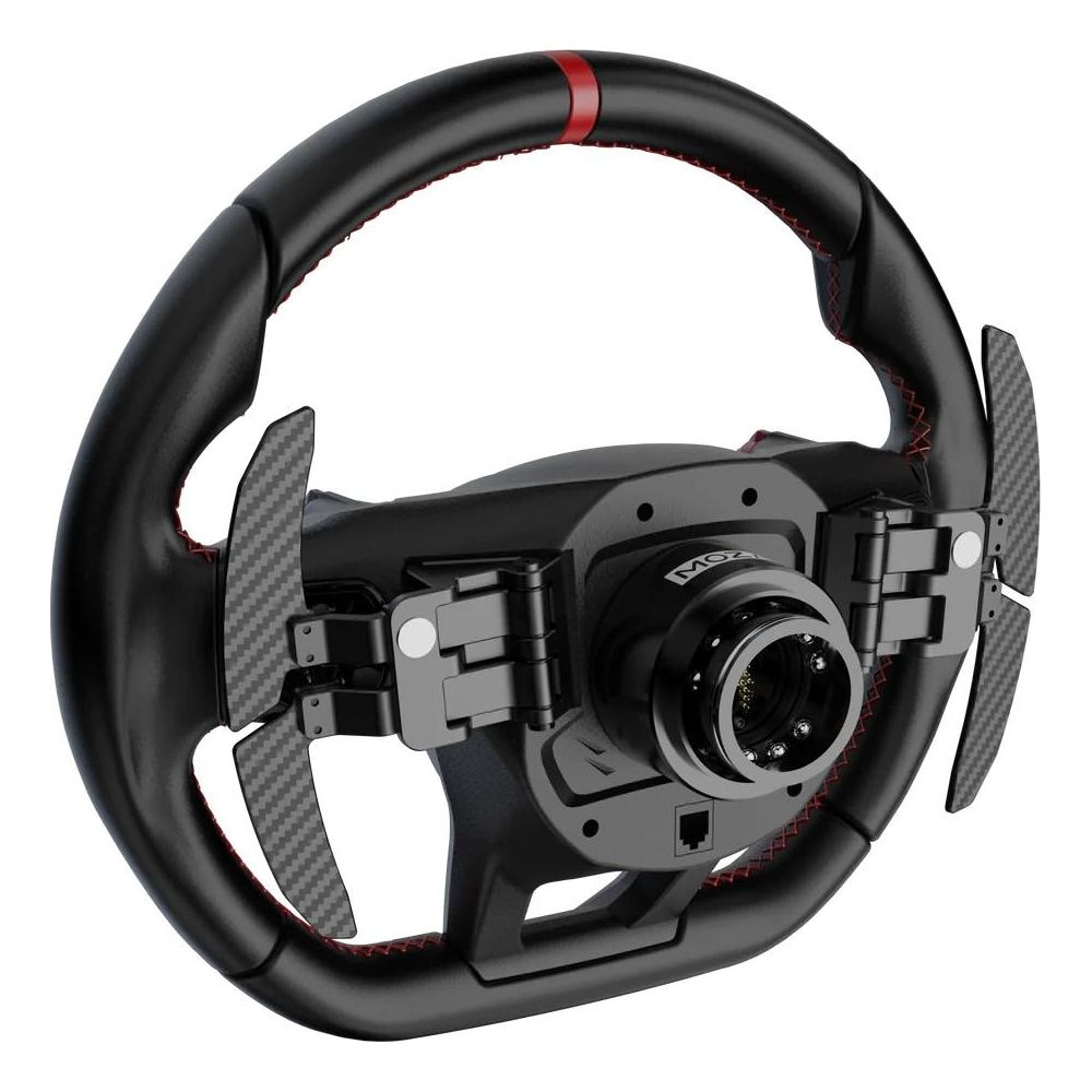 Un volante da corsa nero con cuciture rosse, paddle in fibra di carbonio e mozzo a sgancio rapido.